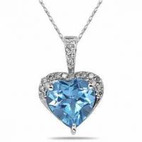 8mm Heart-Shape Blue Topaz & Diamond Necklace, 10K White Gold