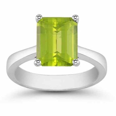 8mm x 6mm Emerald Cut Peridot Solitaire Ring, 14K White Gold -  - AOGRG-5-PDW