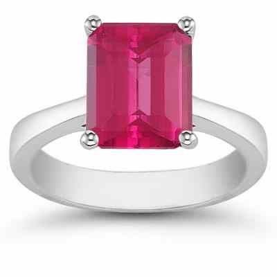 8mm x 6mm Emerald Cut Pink Topaz Solitaire Ring, 14K White Gold -  - AOGRG-5-PTW