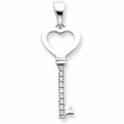 .925 Sterling Silver Heart and CZ Key Pendant