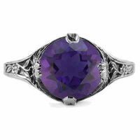 9mm Round Amethyst Floral Design Vintage Style Ring in Sterling Silver