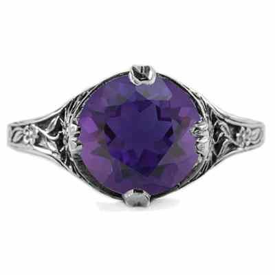 9mm Round Amethyst Floral Design Vintage Style Ring in Sterling Silver -  - HGO-R137AMSS