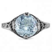 9mm Round Aquamarine Floral Design Vintage Style Ring 14K White Gold