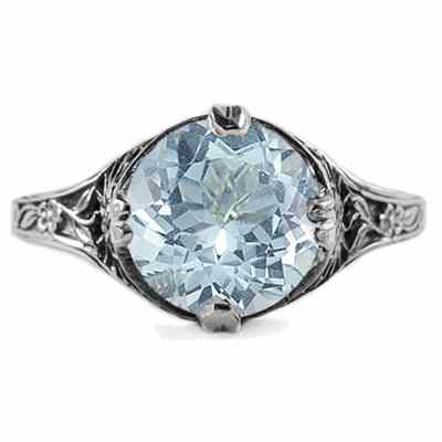 9mm Round Aquamarine Floral Design Vintage Style Ring 14K White Gold -  - HGO-R137AQW