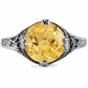 9mm Round Citrine Floral Design Vintage Style Ring in 14K White Gold