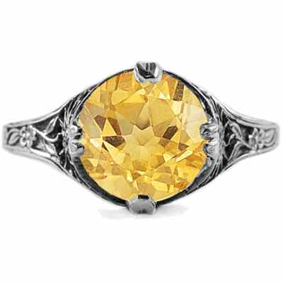 9mm Round Citrine Floral Design Vintage Style Ring in 14K White Gold -  - HGO-R137CTW