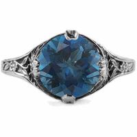 9mm Round London Blue Topaz Floral Vintage Style Ring White Gold