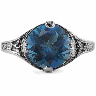 9mm Round London Blue Topaz Floral Vintage Style Ring White Gold -  - HGO-R137LBTW