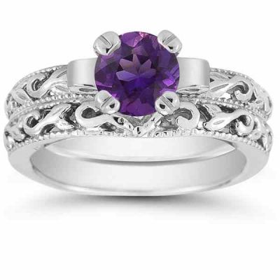 Amethyst 1 Carat Art Deco Bridal Ring Set in Sterling Silver -  - EGR3900AMSSSET