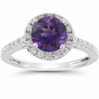 Amethyst and Diamond Halo Gemstone Ring in 14K White Gold