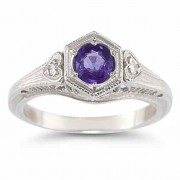 Amethyst and Diamond Heart Ring, 14K White Gold