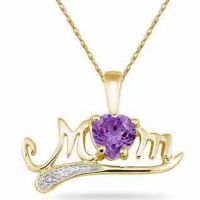 Amethyst and Diamond MOM Necklace, 10K Yellow Gold