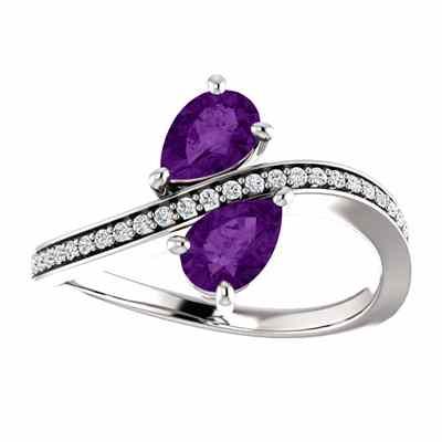 Amethyst and Diamond  Only Us  Pear Cut Two Stone Ring 14K White Gold -  - STLRG-71779OVAMDW