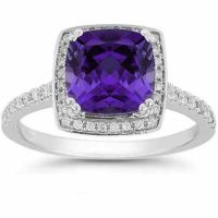 Amethyst and Pave Diamond Halo Ring in 14K White Gold