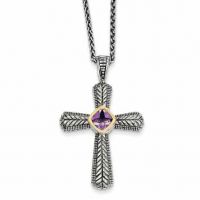 Amethyst Cross Necklace, Sterling Silver & 14K Gold
