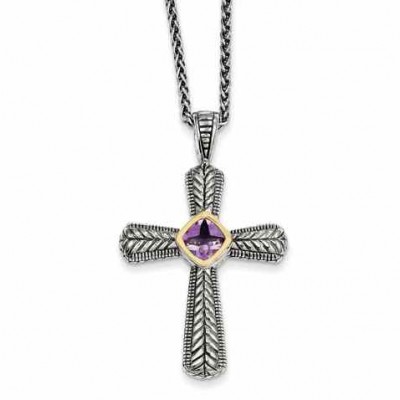 Amethyst Cross Necklace, Sterling Silver & 14K Gold -  - QGCR-QTC243