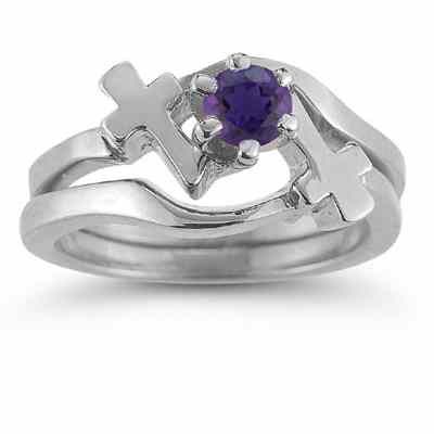 Rings : Amethyst Cross Wedding Ring Bridal Set, 14K White ...