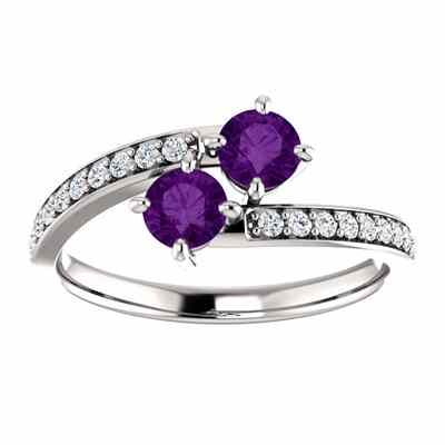 Amethyst Two Stone Ring with Diamond Accents in 14K White Gold -  - STLRG-122933RAMDW