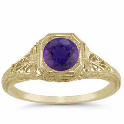 Antique-Inspired Lattice Filigree Purple Amethyst Ring 14K Yellow Gold -  - HGO-R93AMY