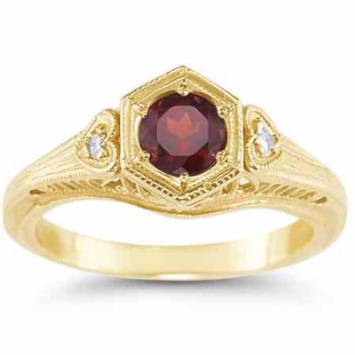 Antique-Period Crimson Garnet and Diamond Heart Ring 14K Yellow Gold -  - HGO-R95GTY