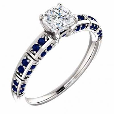 Antique Square Moissanite and Sapphire Ring in 14K White Gold -  - STLRG-121994MOSP-CC