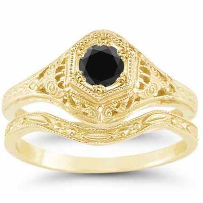 Antique-Style 1800s Black Diamond Bridal Wedding Ring Set, Yellow Gold -  - HGO-R128WB21BLKY
