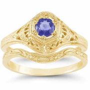 Antique-Style 1800s Era Tanzanite Engagement/Wedding Ring Set, Gold