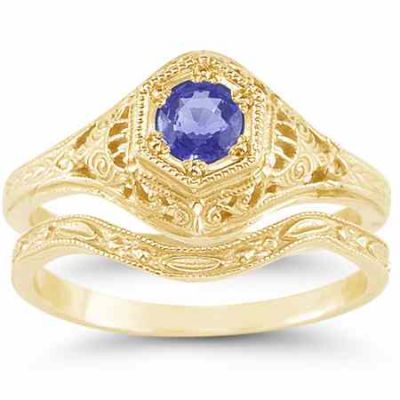 Antique-Style 1800s Era Tanzanite Engagement/Wedding Ring Set, Gold -  - HGO-R128TZWB21Y