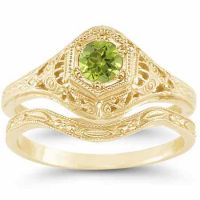 Antique-Style 1800s Green Peridot Bridal Wedding Ring Set, Yellow Gold