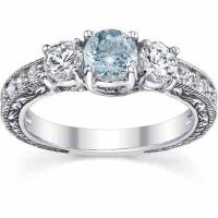 Antique-Style 3 Stone Diamond/Aquamarine Engagement Ring White Gold