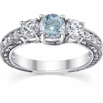 Antique-Style 3 Stone Diamond/Aquamarine Engagement Ring White Gold -  - QDR-6-DAQ