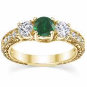 Antique-Style 3-Stone Green Emerald/Diamond Engagement Ring, Gold