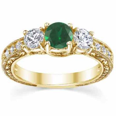 Antique-Style 3-Stone Green Emerald/Diamond Engagement Ring, Gold -  - QDR-6-DEMY