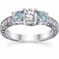 Antique-Style Aquamarine and Diamond Engagement Ring, 14K White Gold