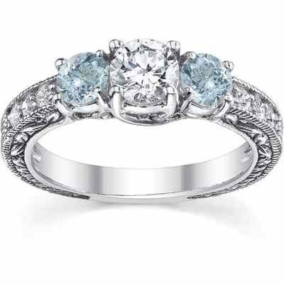 Antique-Style Aquamarine and Diamond Engagement Ring, 14K White Gold -  - QDR-6-AQD