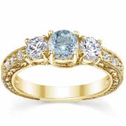 Antique-Style Aquamarine/Diamond 3 Stone Engagement Ring, Yellow Gold