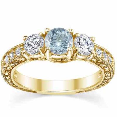 Antique-Style Aquamarine/Diamond 3 Stone Engagement Ring, Yellow Gold -  - QDR-6-DAQY