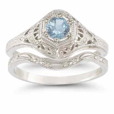 Enchanted Aquamarine Bridal Ring Set in .925 Sterling Silver -  - HGO-R128AQWB21SS