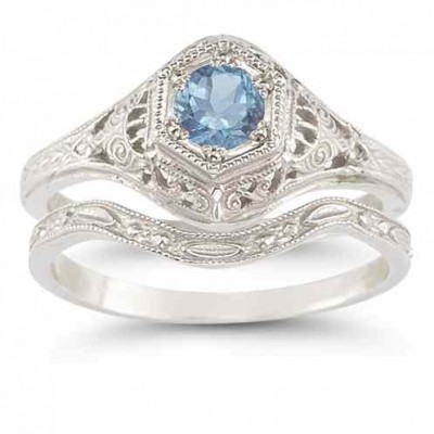 Antique-Style Blue Topaz Wedding Ring Set -  - HGO-R128BTWB21