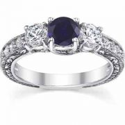Antique-Style Diamond/Sapphire Floret Engagement Ring, 14K White Gold