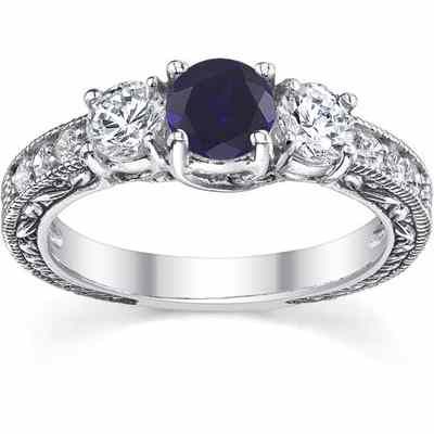 Antique-Style Diamond/Sapphire Floret Engagement Ring, 14K White Gold -  - QDR-6-DSP