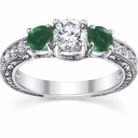 Antique-Style Emerald and Diamond Engagement Ring, 14K White Gold