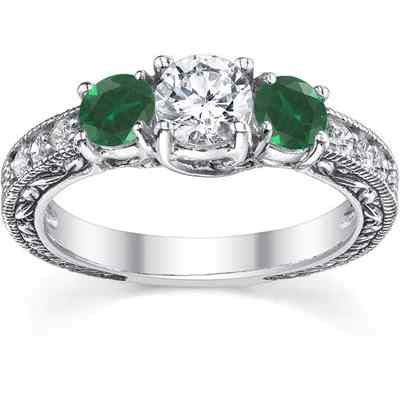 Antique-Style Emerald and Diamond Engagement Ring, 14K White Gold -  - QDR-6-EMD