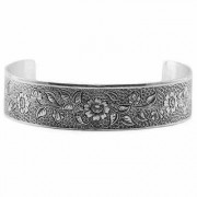 Antique-Style Engraved Flower Cuff Bangle Bracelet in Sterling Silver