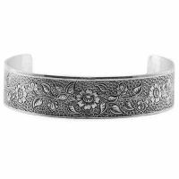 Antique-Style Engraved Flower Cuff Bangle Bracelet in Sterling Silver