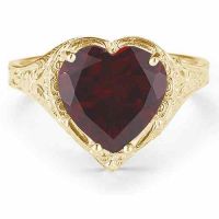 Antique-Style Filigree Crimson-Red Garnet Heart Ring 14K Yellow Gold