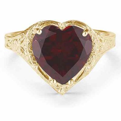 Antique-Style Filigree Crimson-Red Garnet Heart Ring 14K Yellow Gold -  - HGO-H001GTY