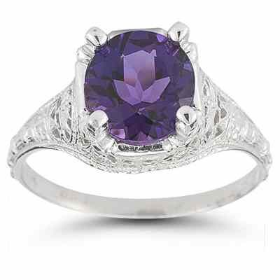 Antique-Style Floral Amethyst Ring in 14K White Gold -  - HGO-R136AM