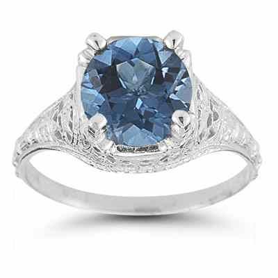 Antique-Style Floral Blue Topaz Ring in 14K White Gold -  - HGO-R136BT