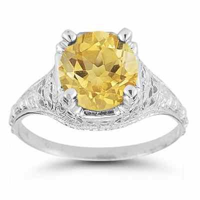Antique-Style Floral Citrine Ring in 14K White Gold -  - HGO-R136CT